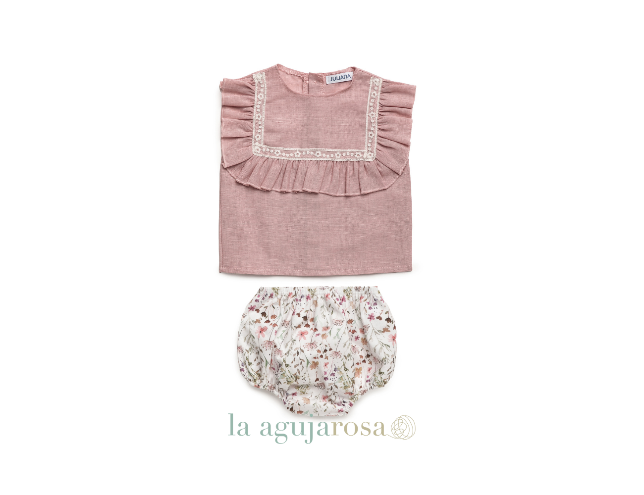 CONJUNTO CAMISA Y BRAGA DE NIÑA DE TELA DE FLORECITAS DE LA COLECCIÓN SIROCO DE JULIANA