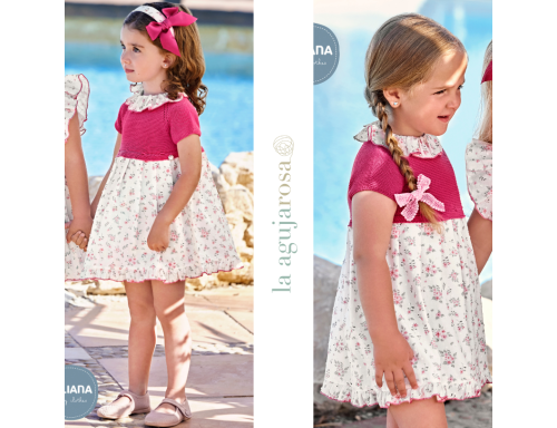 VESTIDO CUERPO DE PUNTO CON TELA DE FLORECITAS DE PLUMETI DE LA COLECCIÓN LLEVANTERA DE JULIANA