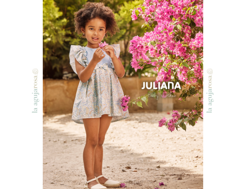 VESTIDO CORTADO CINTURA HOMBRERAS CACHEMIRA DE LA COLECCIÓN MANDARINA DE JULIANA