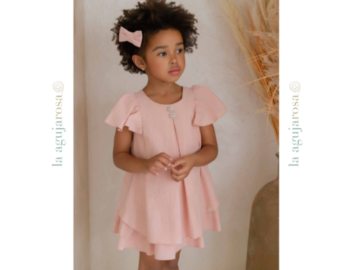 VESTIDO DE CEREMONIA INFANTIL ROSA CON VOLANTES Y DETALLES