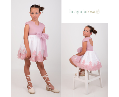 VESTIDO CEREMONIA LINO ESPALDA CRUZADA Y FALDA DE TULL...