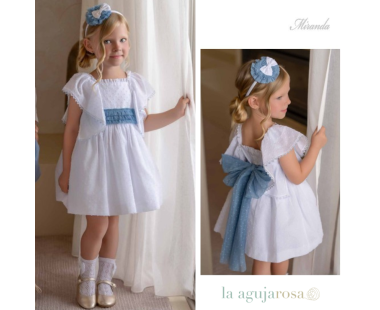 VESTIDO DE CERMONIA INFANTIL DE PLUMETI CON LAZO EN AZUL...