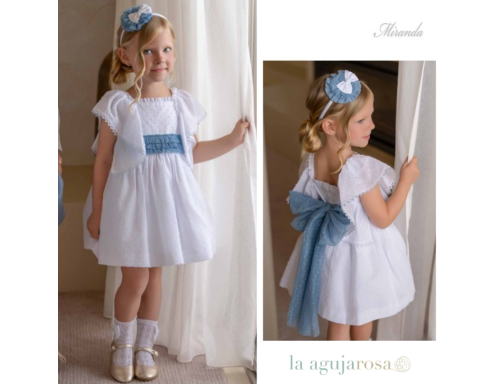 VESTIDO DE CERMONIA INFANTIL DE PLUMETI CON LAZO EN AZUL DE MIRANDA