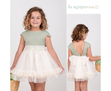 VESTIDO DE CEREMONIA EN TENOS VERDE Y CRUDO DE NEKENIA