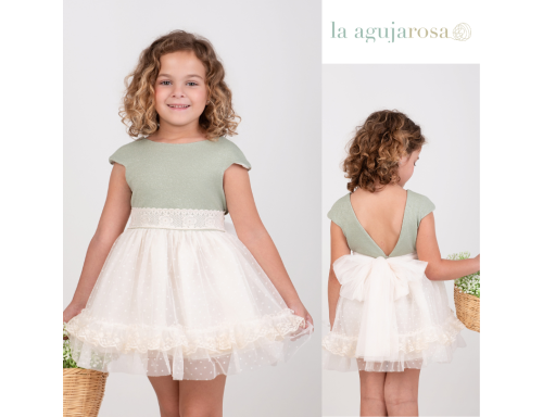 VESTIDO DE CEREMONIA EN TENOS VERDE Y CRUDO DE NEKENIA